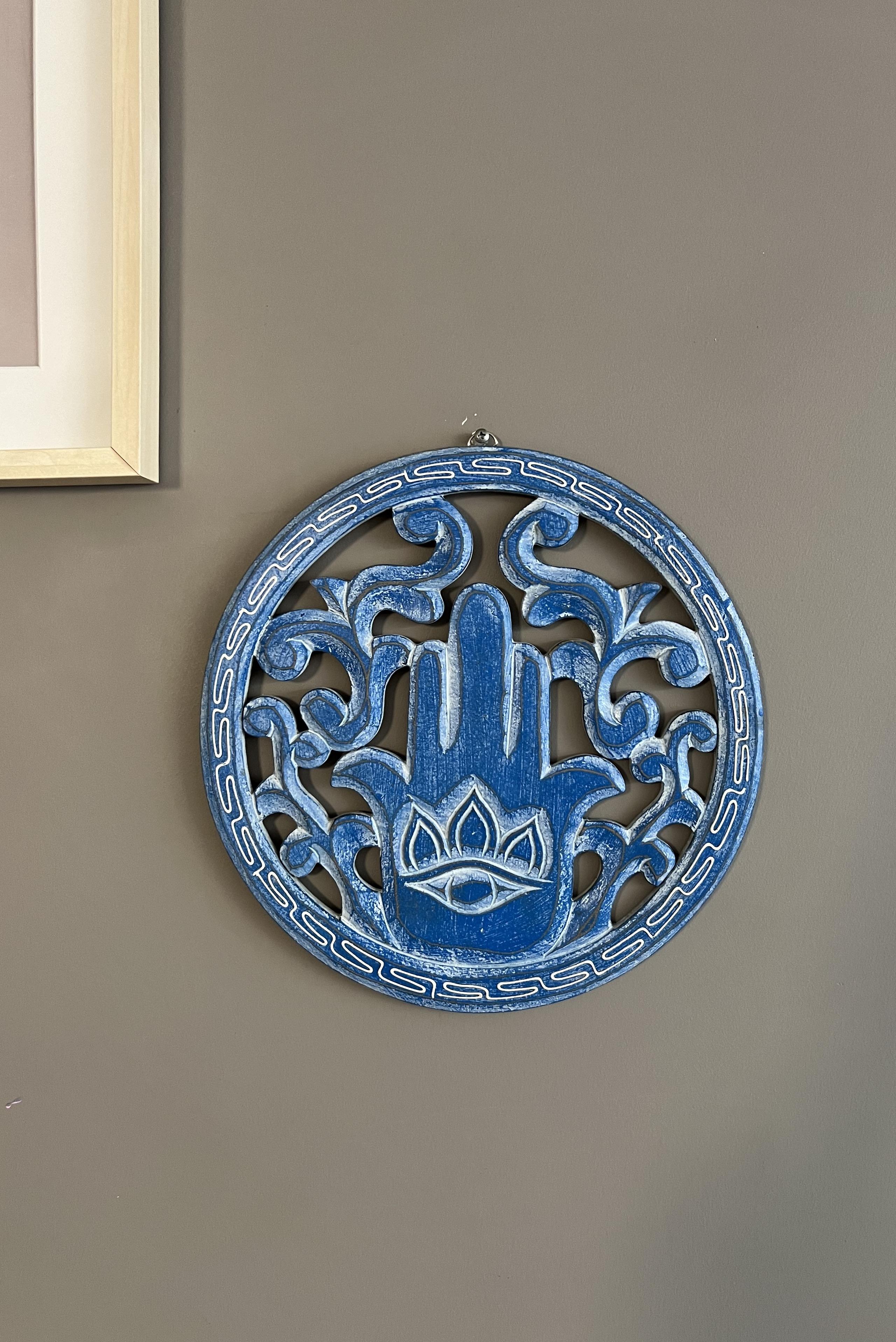 Fatima Eli Şeklinde Mavi Eskitme Boyalı Ahşap Duvar Dekoru -30 cm çap - Miamantra