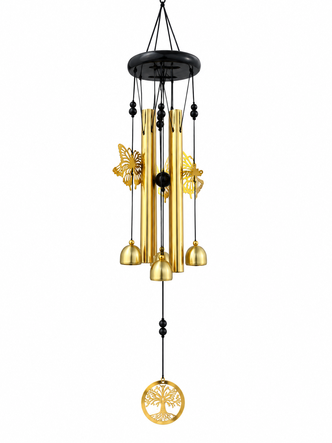 Feng Shui Altın Rengi Kelebek Detaylı Metal Rüzgar Çanı 70 cm Feng Shui Fatima Eli Figürlü Çift Katlı Metal Rüzgar Çanı - 60 cm uzunluk - Miamantra