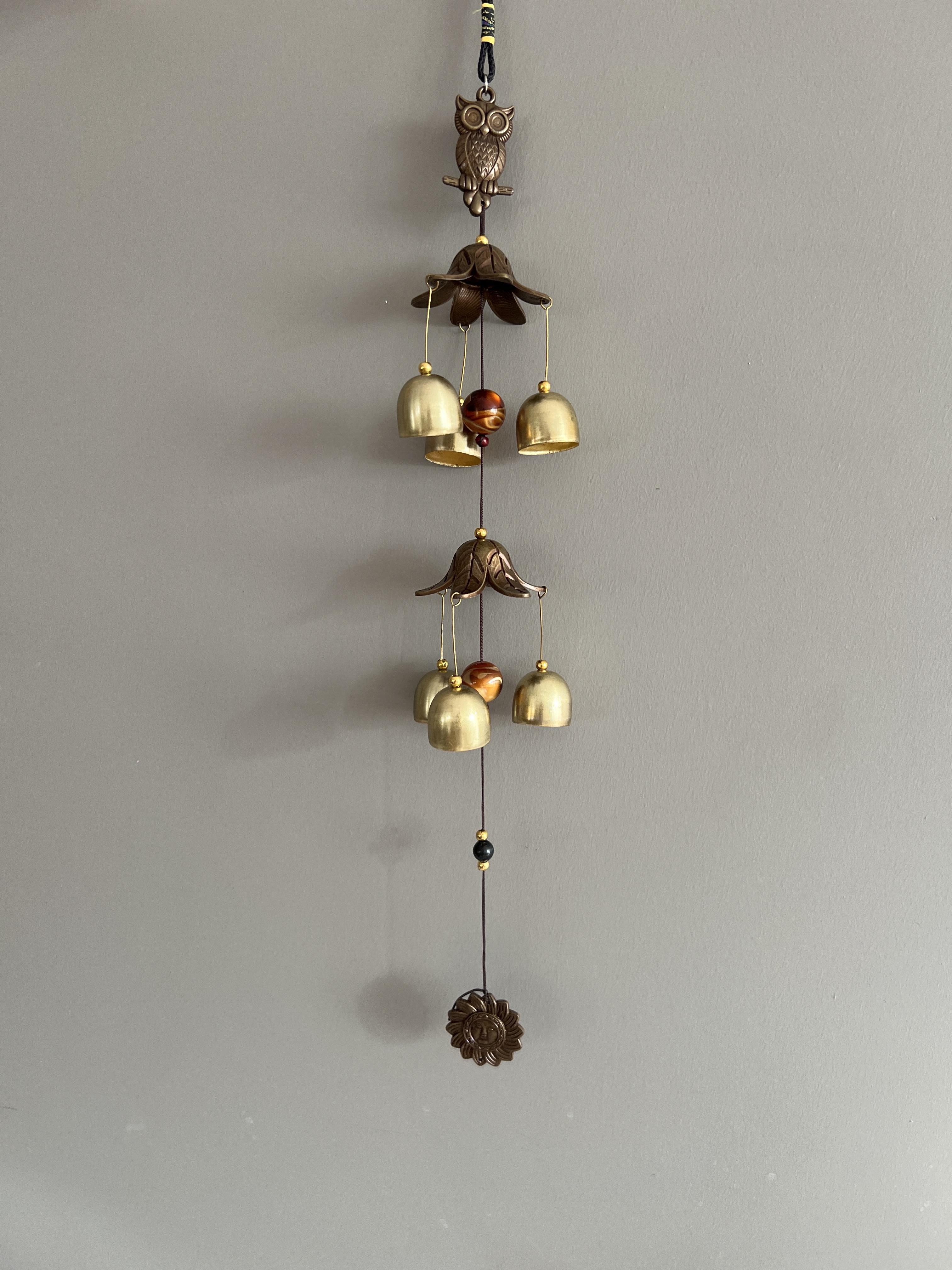 Feng Shui Baykuş ve Güneş Figürlü Çift Katlı Metal Rüzgar Çanı - 60 cm uzunluk - Miamantra