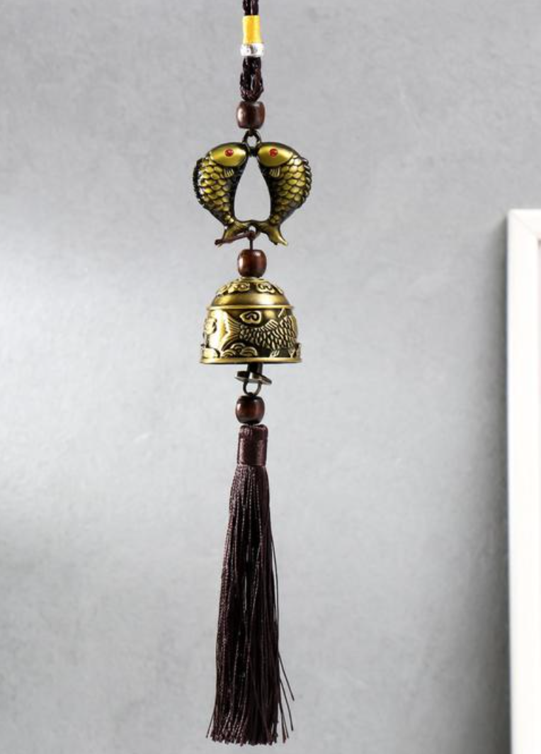 Feng Shui Bereket ve Şans Askılı Antik Görünümlü Zil Dekor - Çift Balıklı - Miamantra