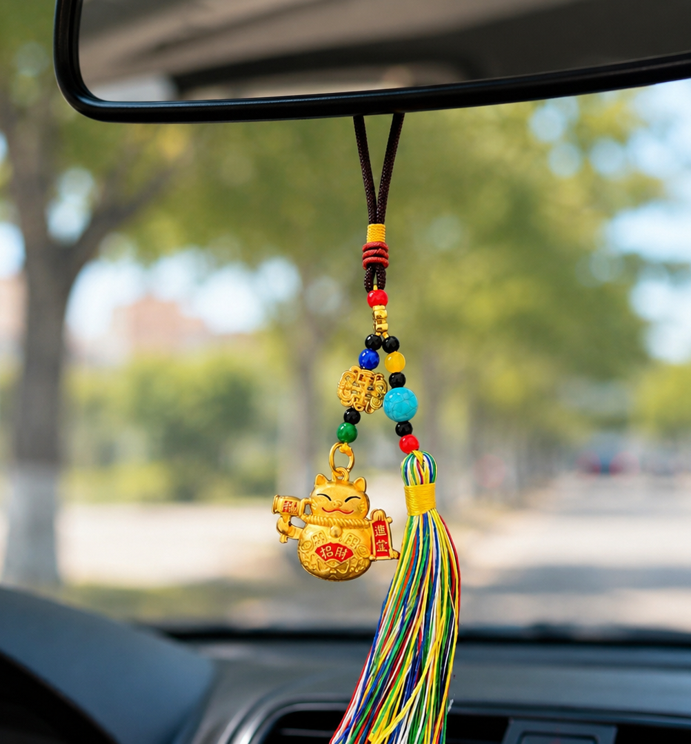 Feng Shui Bereket ve Şans Kedisi Asılabilir Dekor /Maneki Neko Gold Püsküllü Araba Aynası Süsü - Miamantra