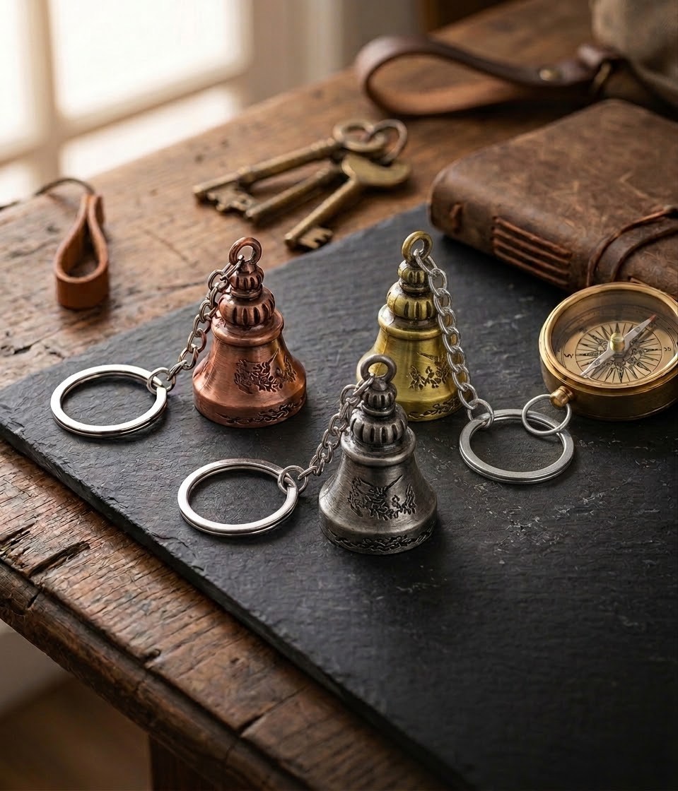 Feng Shui Eskitme Görünümlü Metal Çan Şeklinde Anahtarlık / Çan Şeklinde Zilli Çanta Süsü Charm ( 5 Cm ) - Miamantra