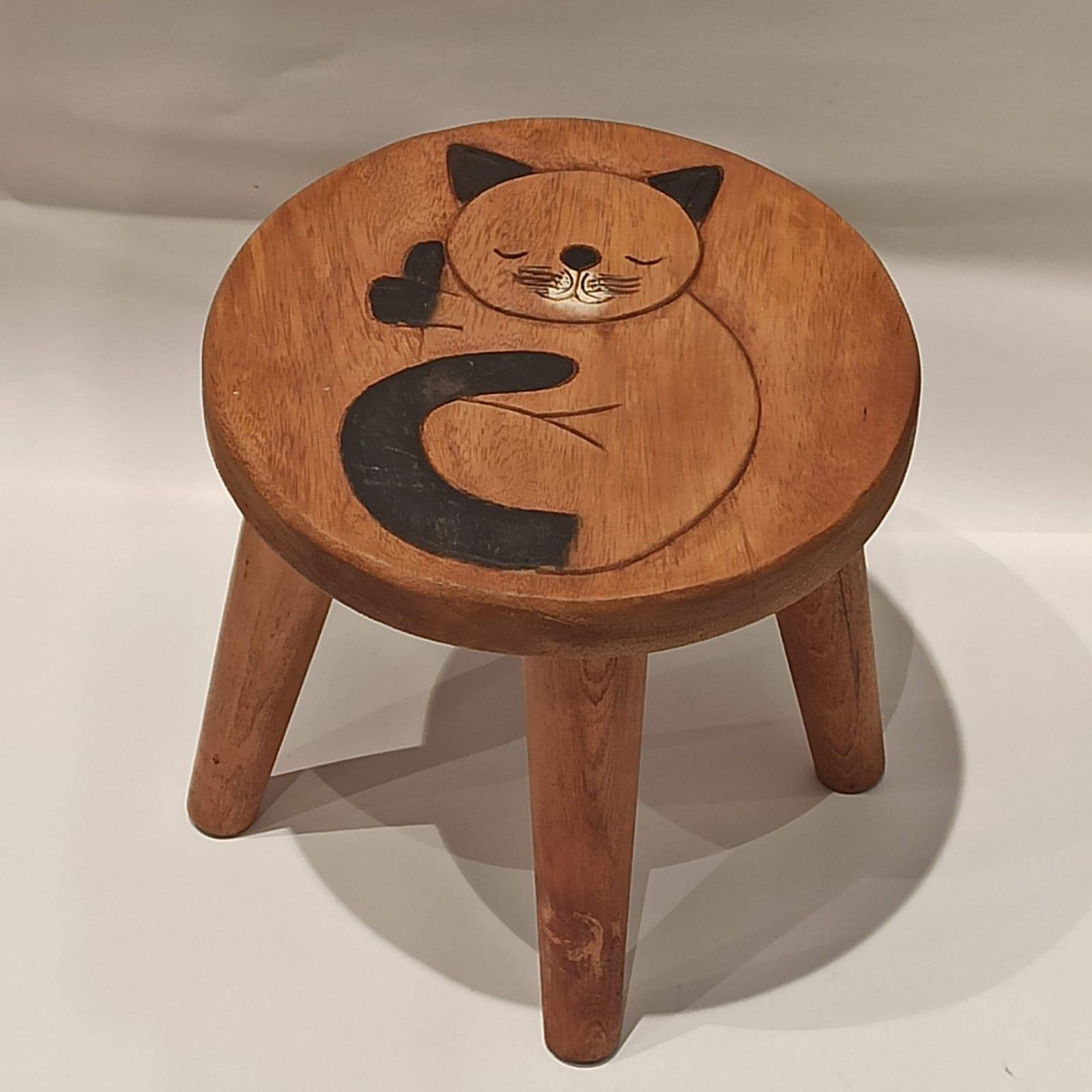 Kedi Figürlü Ahşap Çocuk Taburesi / Ahşap Boyalı Ve Oymalı Çocuk Tabure (Portatif Ayaklı )Yükseklik: 24 Cm, Çap: 26 Cm Model 2 - Miamantra
