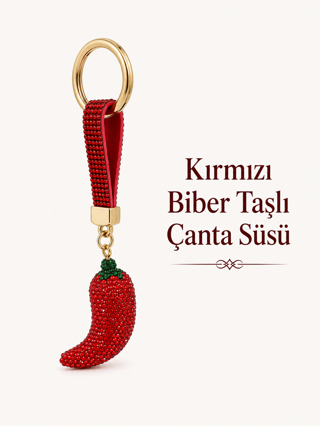 Kırmızı Biber Şeklinde Taşlı Anahtarlık / İtalyan Şans Biberi Çanta Süsü Charm  - Miamantra
