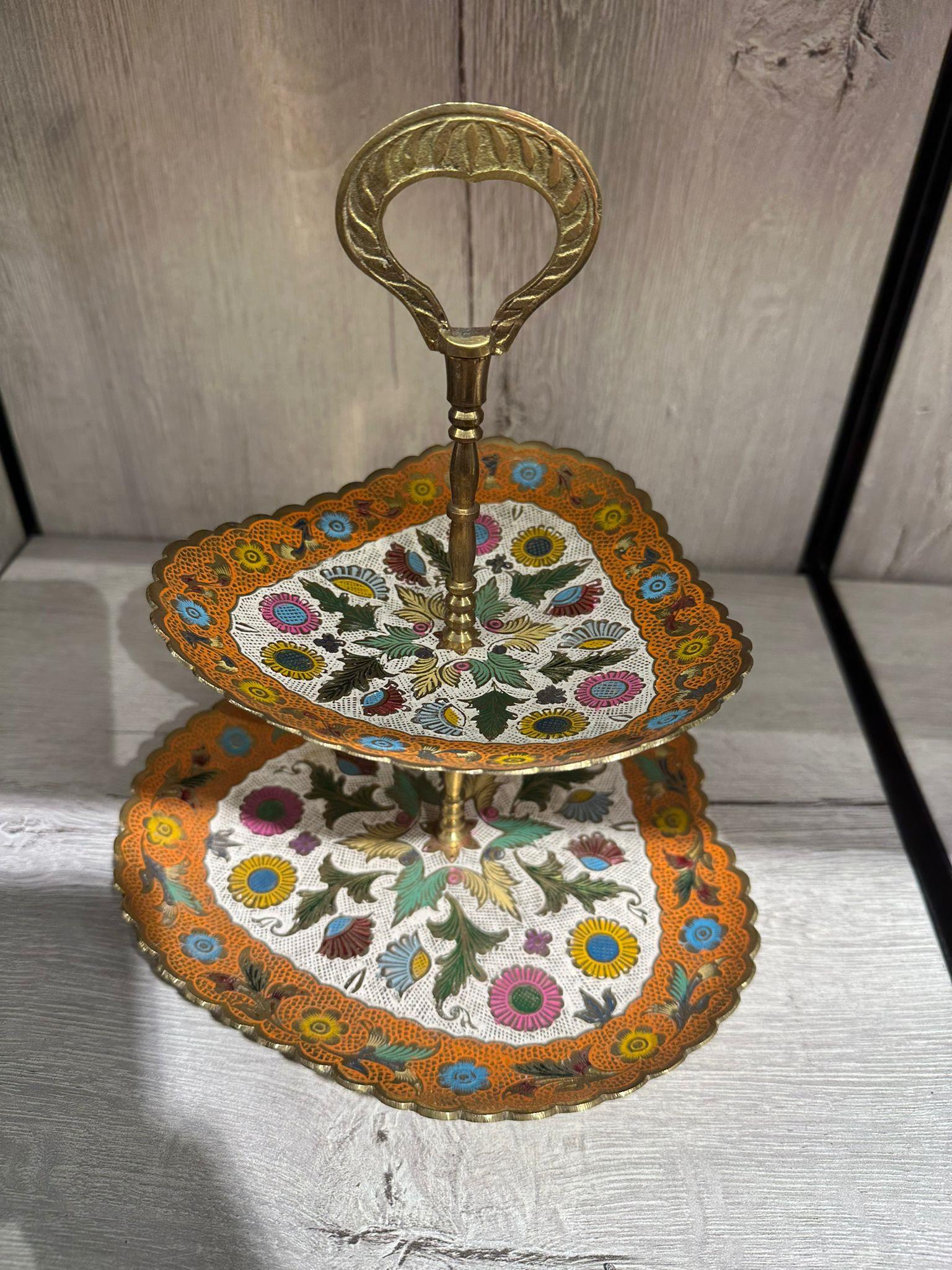 Pirinç 2 Katlı Şekerlik/ Sunumluk Renkli Mineli 9.5 Inç (24 Cm) - Miamantra