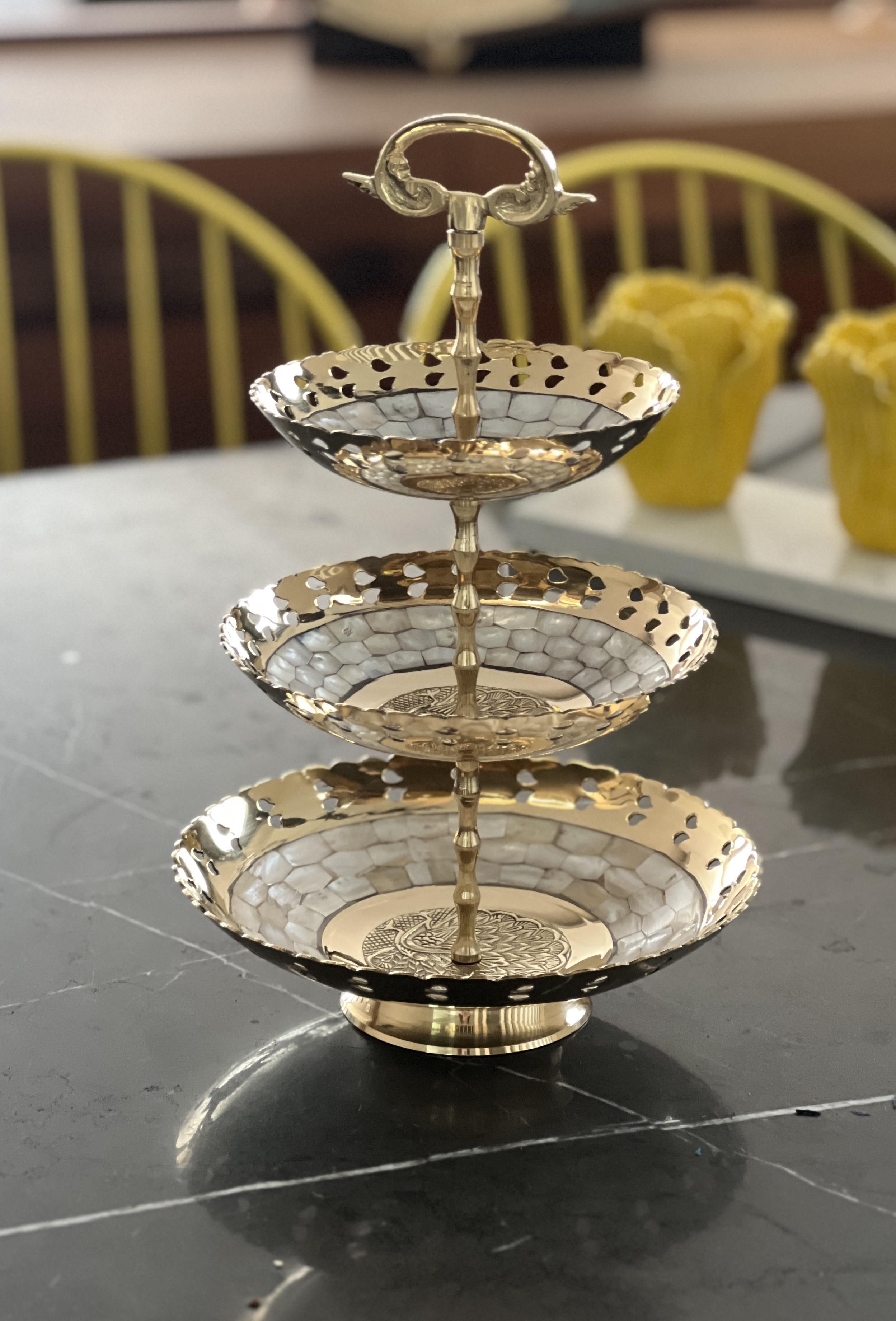 Pirinç 3 Katlı Şekerlik /Sunumluk Sedefli 13 Inç (33 Cm) - Miamantra