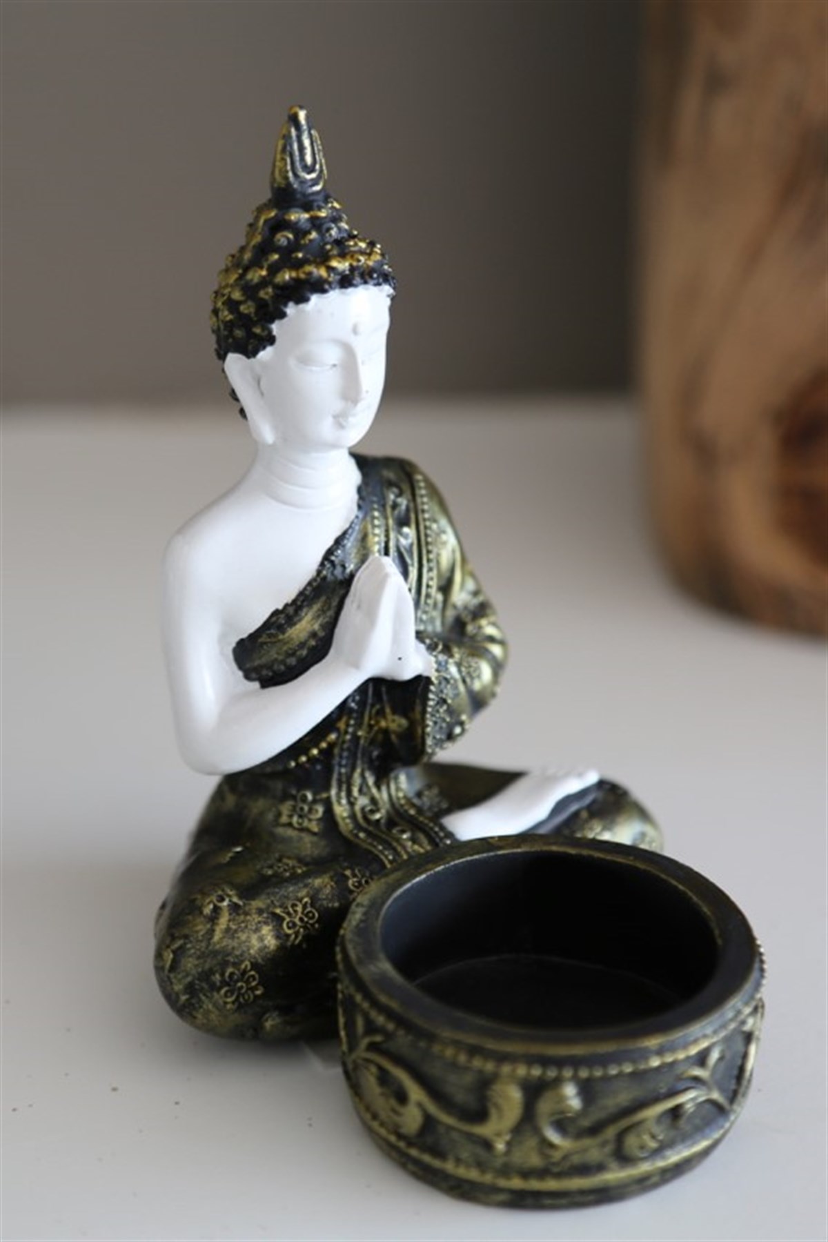 Pirinç Detaylı Beyaz Buda Tealight Mumluklar (11 cm) - Selamlama - Miamantra