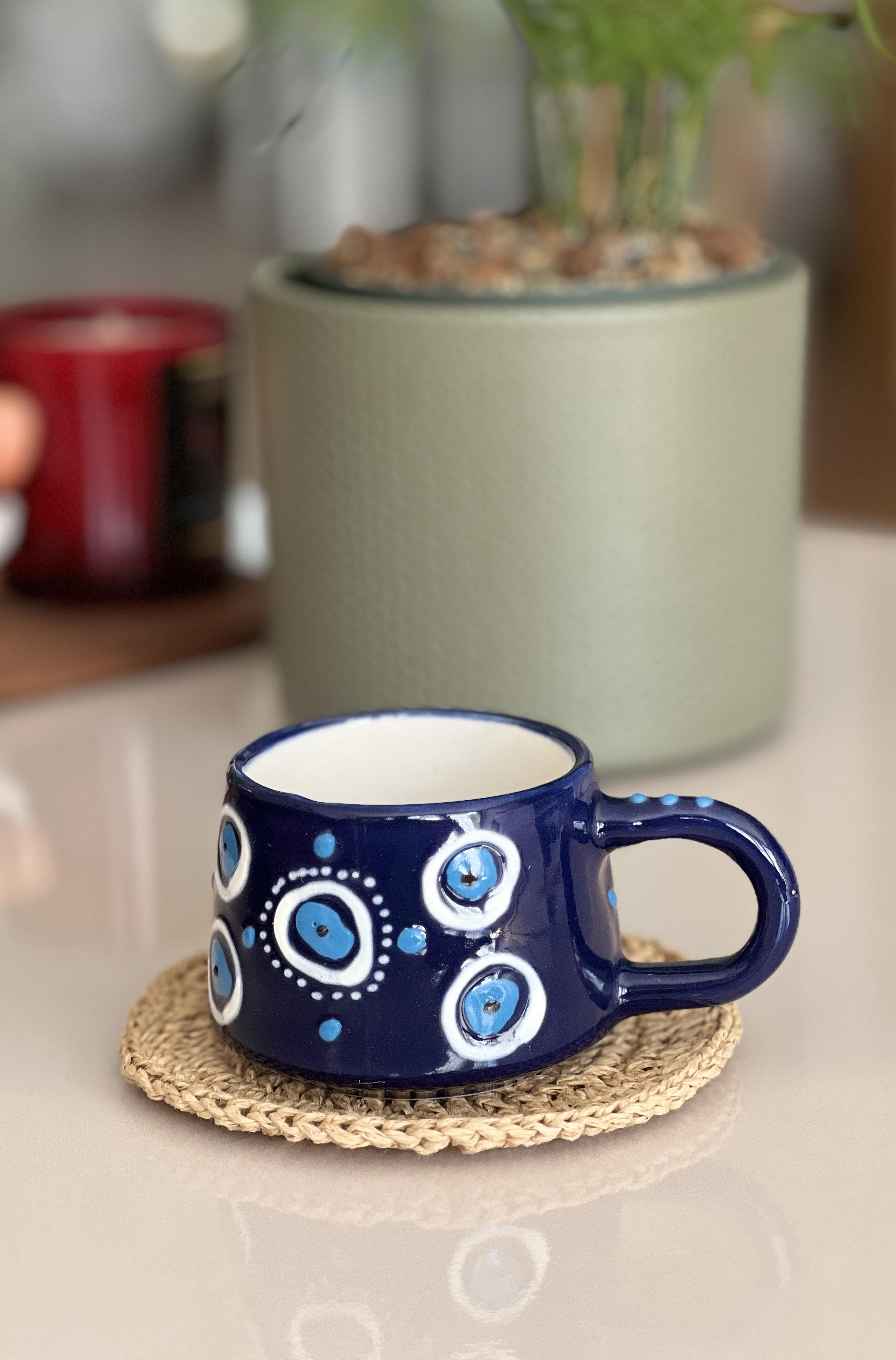 Seramik El Boyaması Göz Nazar Temalı Kahve Kupası/Mug - Lacivert - Miamantra