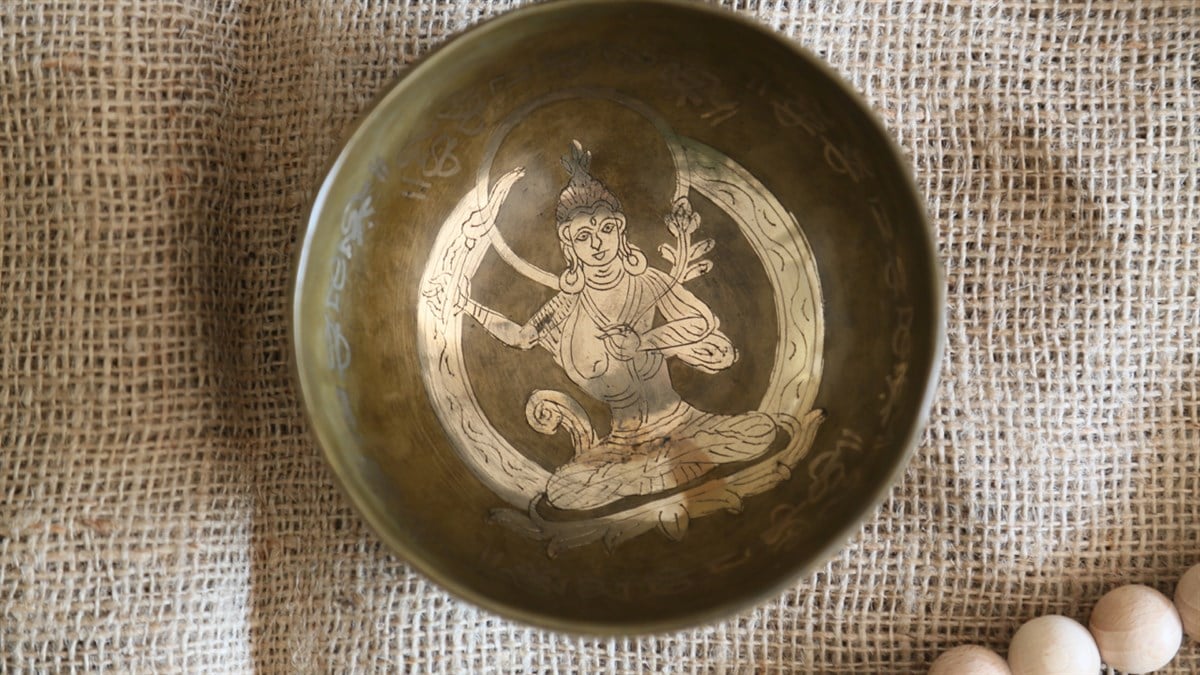 Tibet Ses Çanağı - Buda Motifli Pirinç Dövme - 14 cm çap