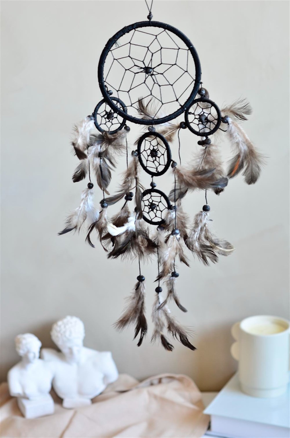 Üç Gözlü Siyah Orta Boy Rüya Kapanı / Dreamcatcher (11.5 cm çap)