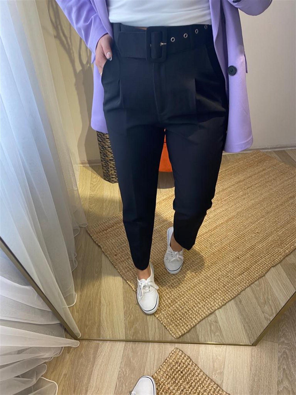 Ekstra yuksek bel kemerlı kumaş pantalon
