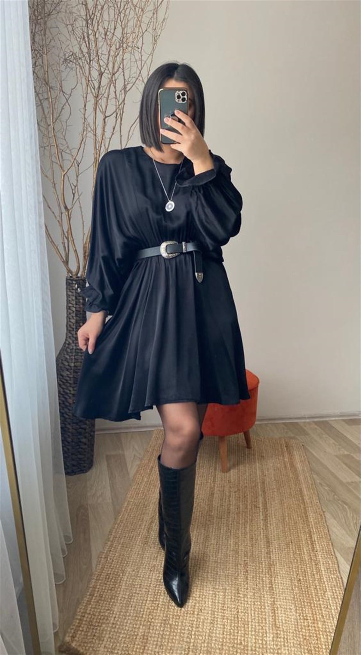 Saten bel lastıklı yarasa kol eteği asimetrik elbise