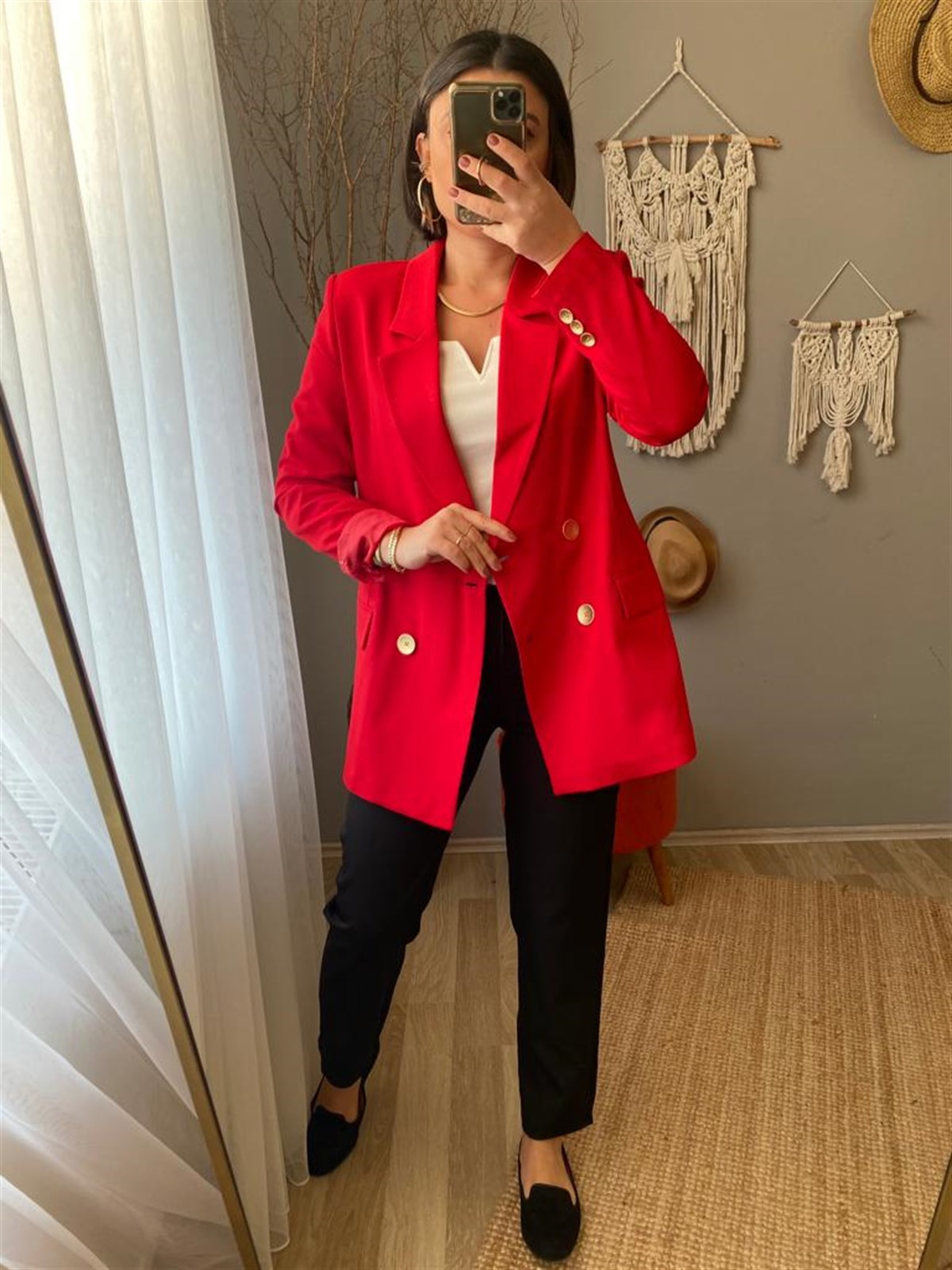 Astarlı vatkalı gold düğme detaylı blazer ceket