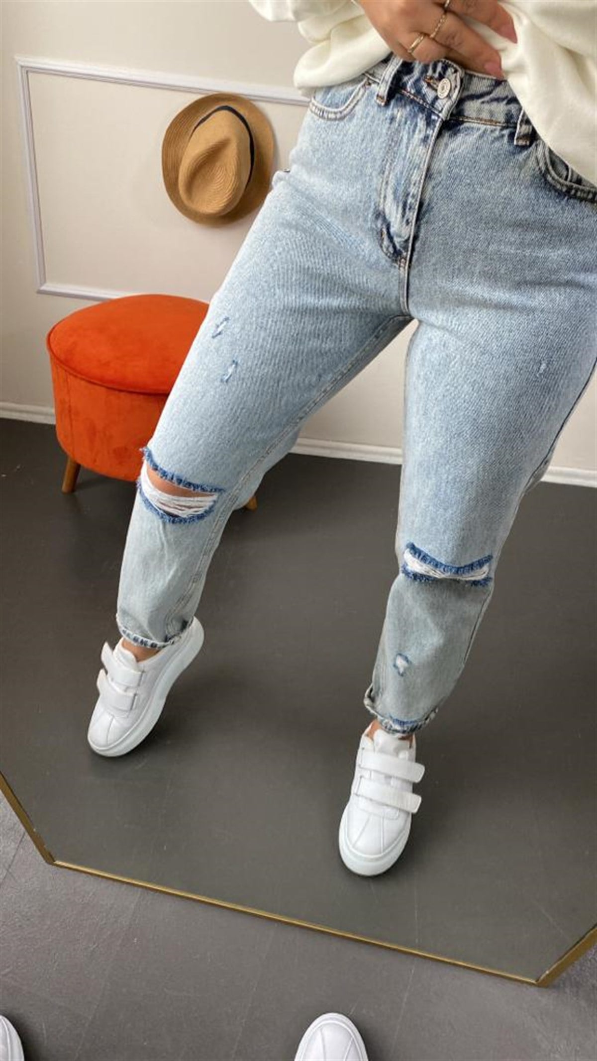 Lıkrasız mavı mom fıt jean