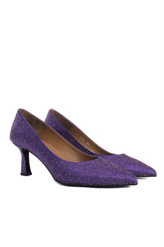 Kadın Gece Ayakkabı Topuklu-Mor Saten Taş 