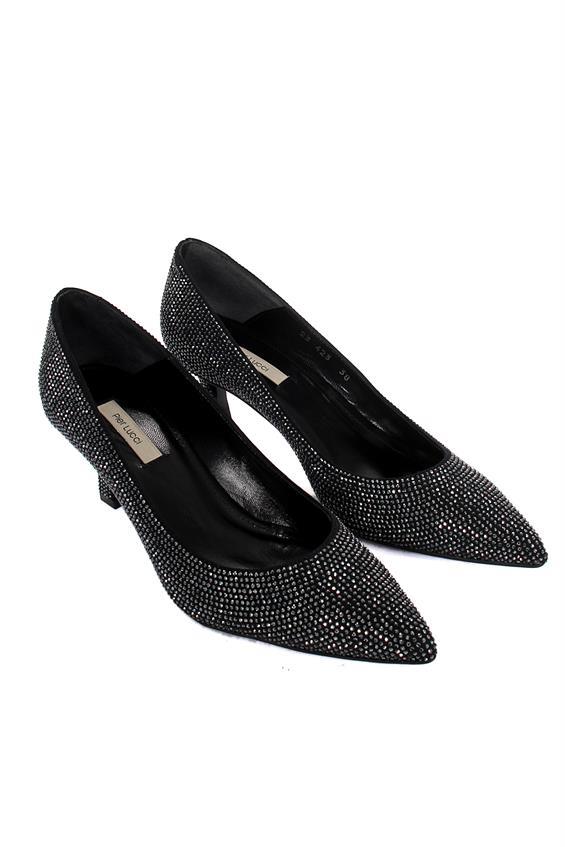 Kadın Gece Ayakkabı Topuklu-Siyah Saten Taş