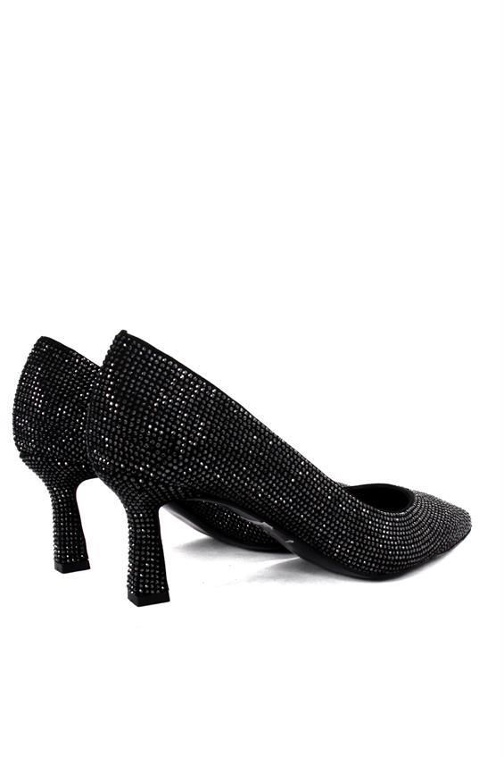Kadın Gece Ayakkabı Topuklu-Siyah Saten Taş