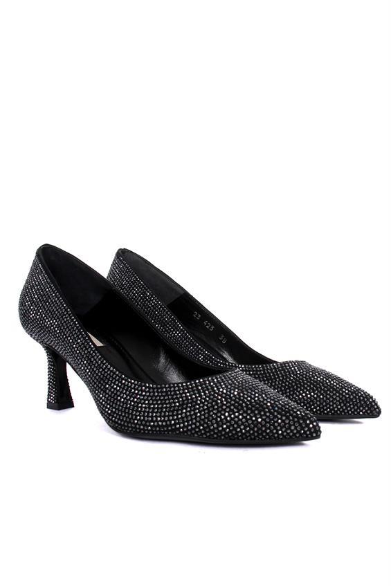 Kadın Gece Ayakkabı Topuklu-Siyah Saten Taş