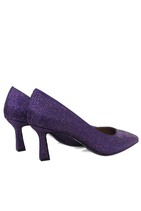 Kadın Gece Ayakkabı Topuklu-Mor Saten Taş 