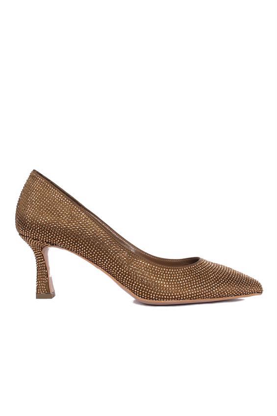 Kadın Gece Ayakkabı Topuklu - Altın Saten Taş