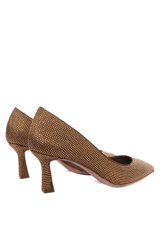 Kadın Gece Ayakkabı Topuklu - Altın Saten Taş