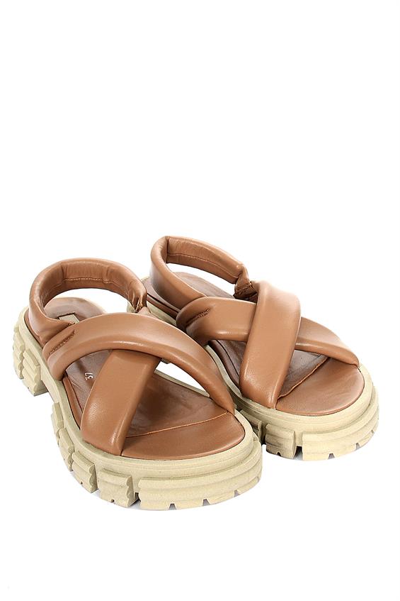 Kadın Kalın Tabanlı Günlük Sandalet - Vizon Deri