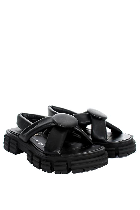 Kadın Kalın Tabanlı Günlük Sandalet - Siyah Deri