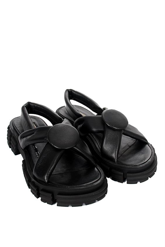 Kadın Kalın Tabanlı Günlük Sandalet - Siyah Deri