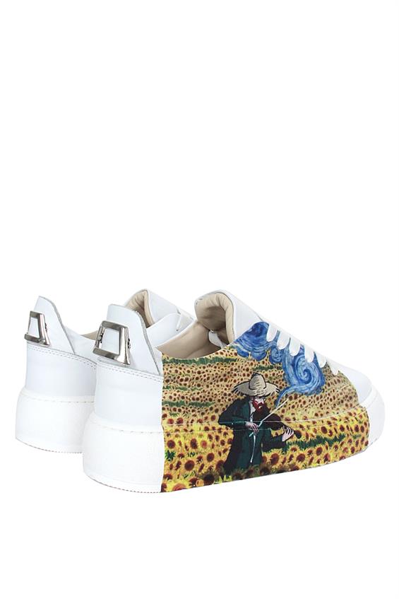 Kadın Sneakers Ayakkabı-Beyaz Deri Ayçiçeği