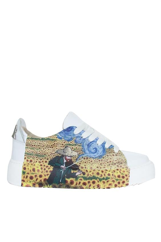 Kadın Sneakers Ayakkabı-Beyaz Deri Ayçiçeği