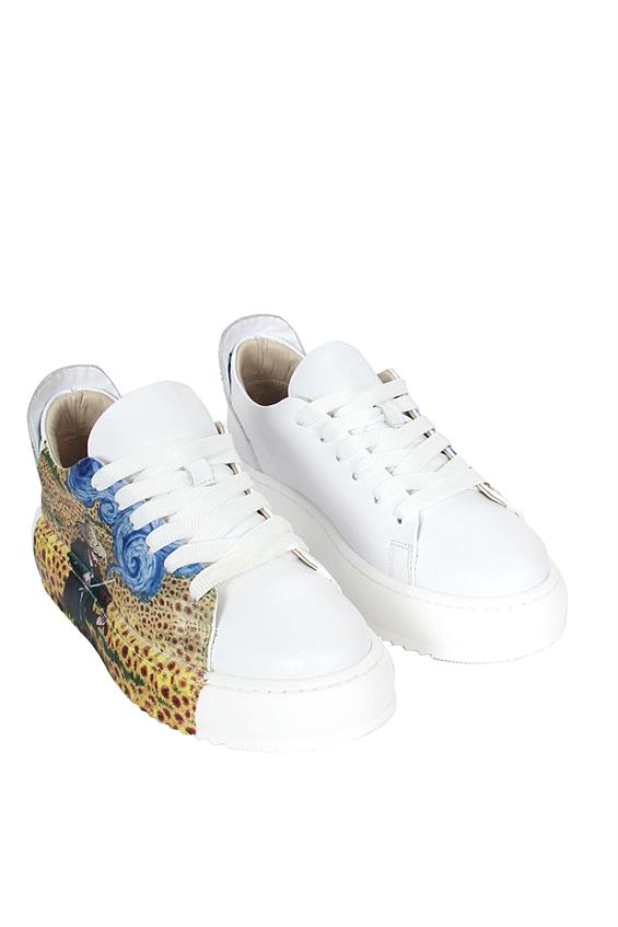 Kadın Sneakers Ayakkabı-Beyaz Deri Ayçiçeği
