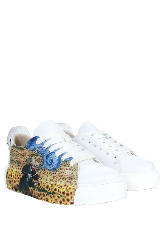 Kadın Sneakers Ayakkabı-Beyaz Deri Ayçiçeği