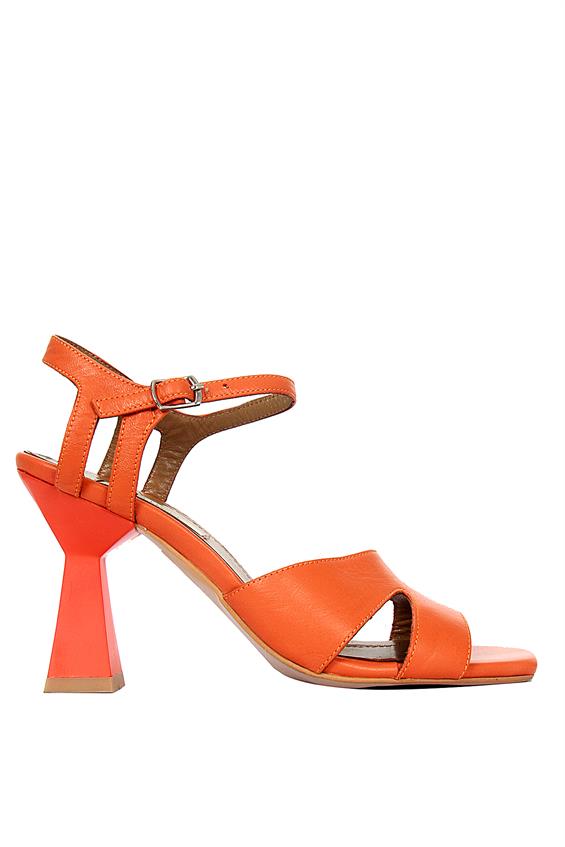 Kadın Kalın Topuklu Sandalet - Turuncu Deri