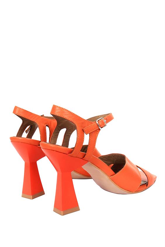 Kadın Kalın Topuklu Sandalet - Turuncu Deri