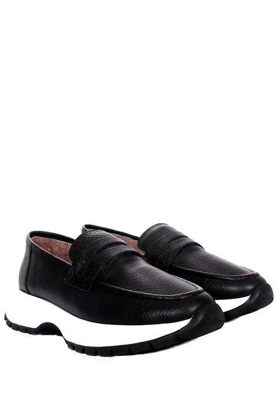 Kadın Babet Ayakkabı Loafer - Siyah Floter Deri