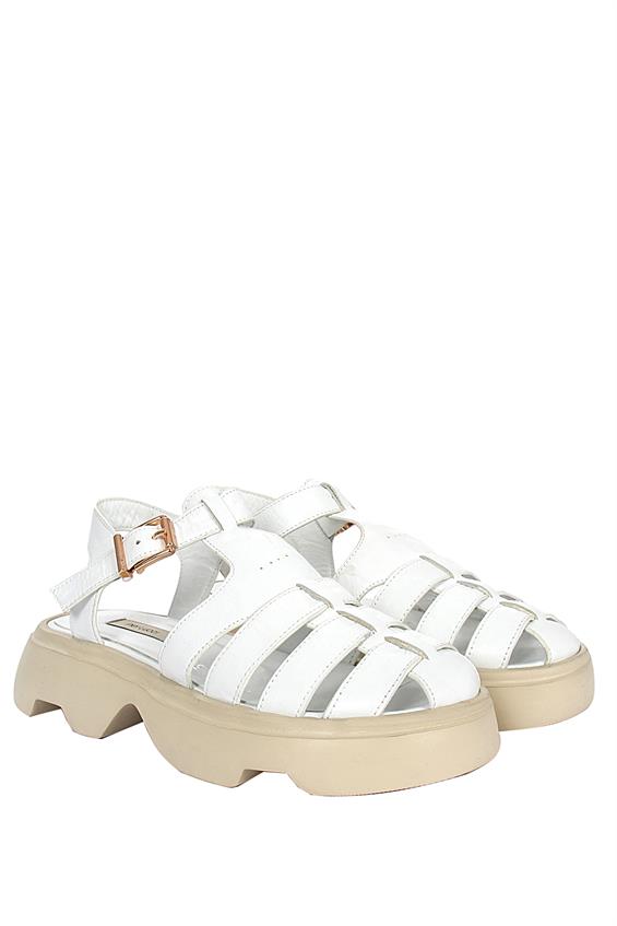 Kadın Kalın Tabanlı Günlük Sandalet-Beyaz Deri