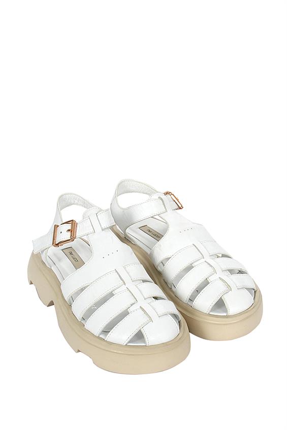 Kadın Kalın Tabanlı Günlük Sandalet-Beyaz Deri