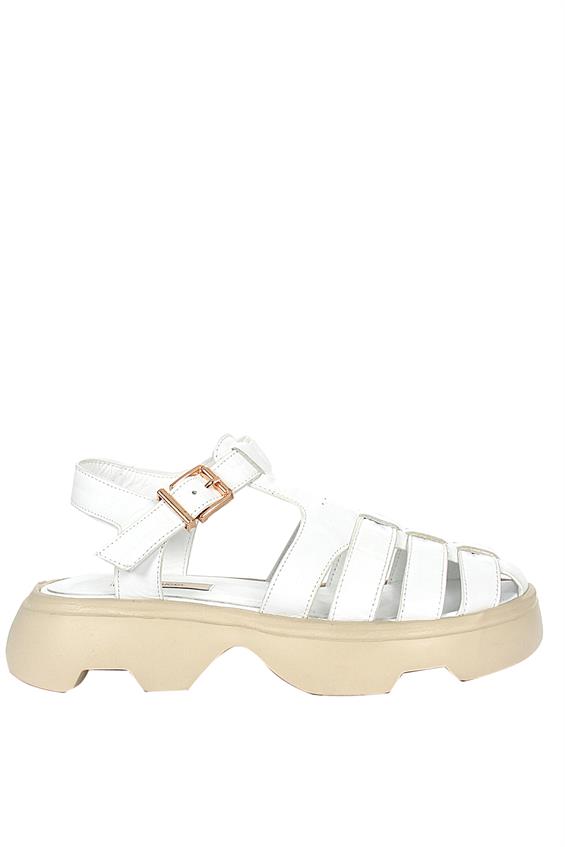 Kadın Kalın Tabanlı Günlük Sandalet-Beyaz Deri