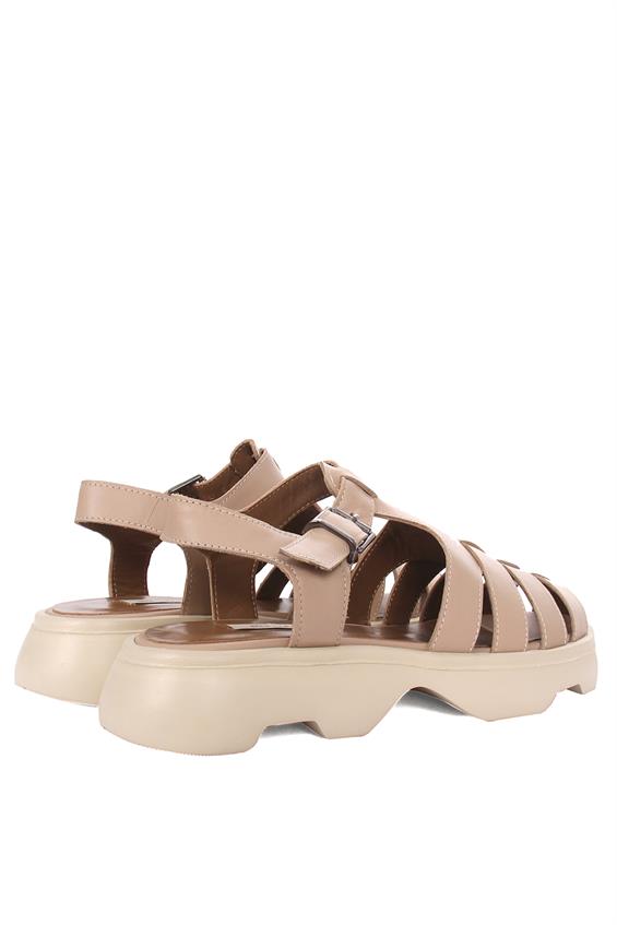 Kadın Kalın Tabanlı Günlük Sandalet-Bej Deri