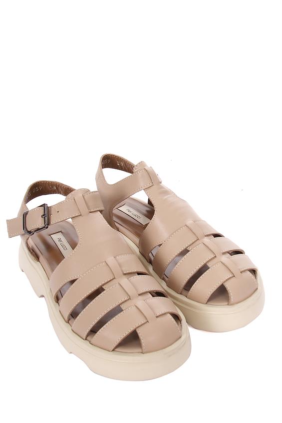 Kadın Kalın Tabanlı Günlük Sandalet-Bej Deri