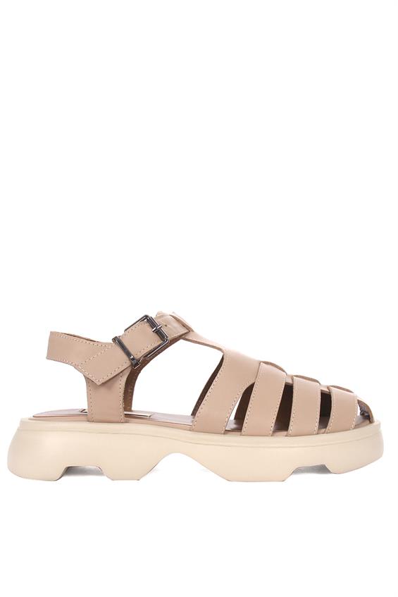 Kadın Kalın Tabanlı Günlük Sandalet-Bej Deri