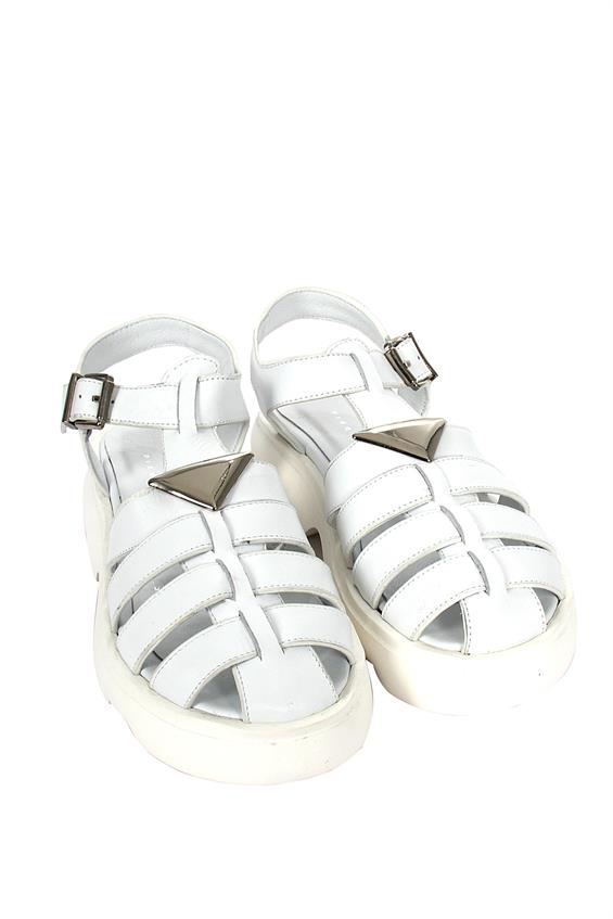 Kadın Kalın Tabanlı Günlük Sandalet-Beyaz Deri