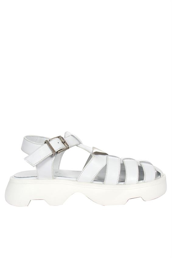 Kadın Kalın Tabanlı Günlük Sandalet-Beyaz Deri