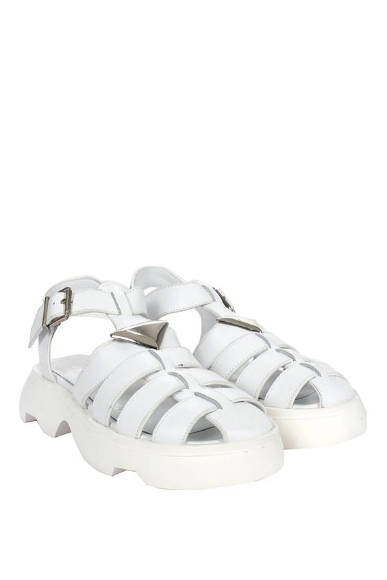 Kadın Kalın Tabanlı Günlük Sandalet-Beyaz Deri
