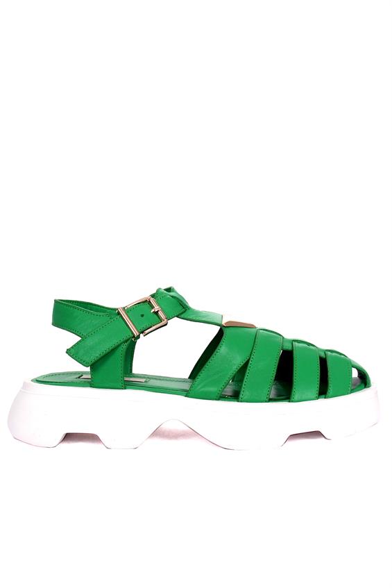 Kadın Kalın Tabanlı Günlük Sandalet-Yeşil Deri
