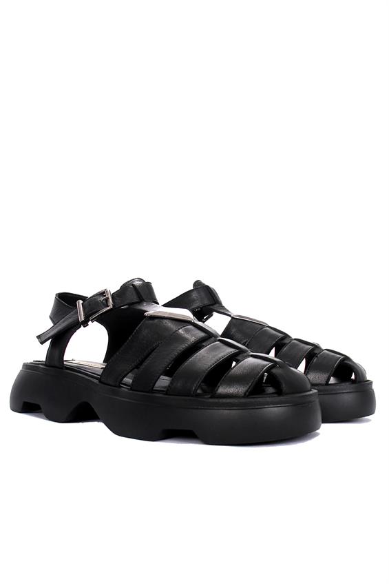 Kadın Kalın Tabanlı Günlük Sandalet-Siyah Deri