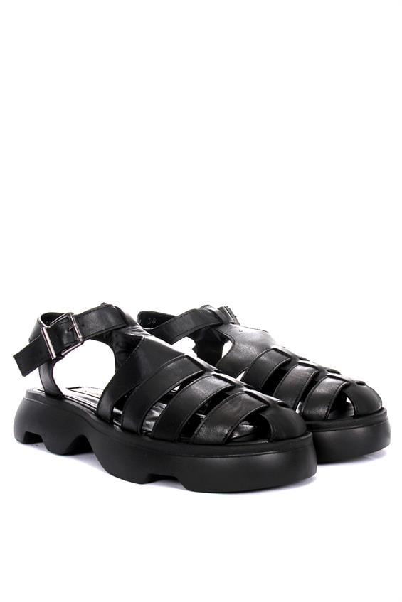 Kadın Kalın Tabanlı Günlük Sandalet-Siyah Deri