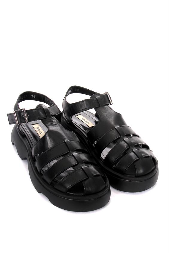 Kadın Kalın Tabanlı Günlük Sandalet-Siyah Deri