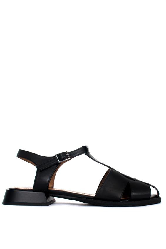 Kadın Günlük Düz Sandalet - Siyah Deri