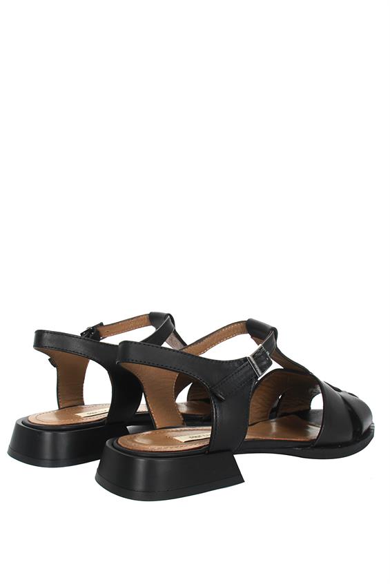 Kadın Günlük Düz Sandalet - Siyah Deri
